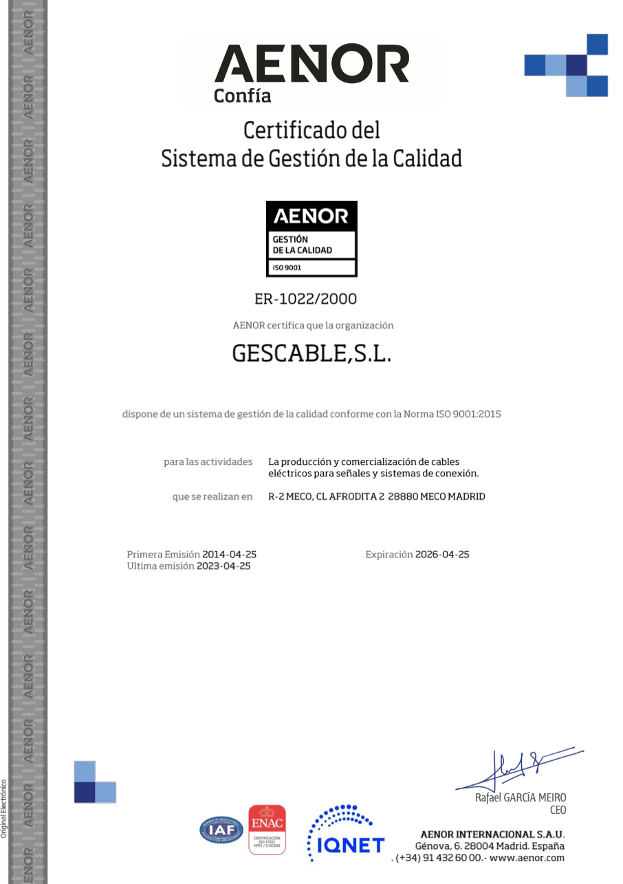 Certificado de Calidad AENOR