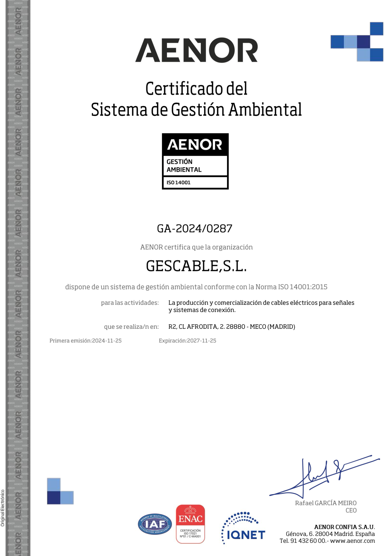 Certificado del Sistema de Gestión Medioambiental