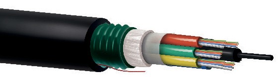Fibra óptica FV corrugado acero 64 hilos monomodo G652D holgada multitubo 8tx8f CPR Fca PE negra